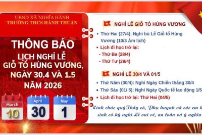 THÔNG BÁO NGHỈ LỄ CÁC NGÀY GIỖ TỔ HÙNG VƯƠNG, NGÀY CHIẾN THẮNG 30/4 VÀ NGÀY QUỐC TẾ LAO ĐỘNG 01/5